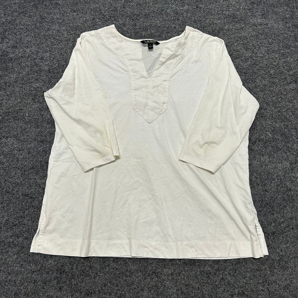 Lauren Ralph Lauren Top Womens Size 1X White Cotton 3/4 Sleeve Split Neck Stain